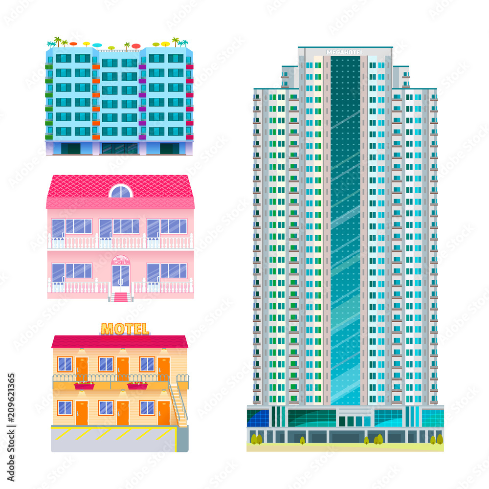 Hotels buildings tourist travelers places vacation time apartment urban town facade vector illustration.