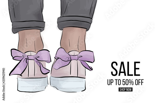Vector modern sneakers with bow banner. Trendy hipster street style illustration. Lifestyle magazine flyer advertising.  Glamour fashion