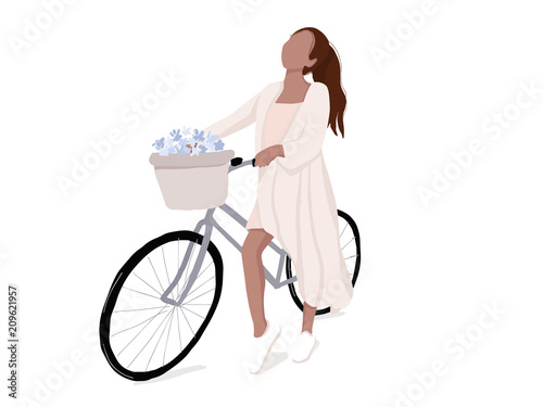 Simple woman on bike illustration. Flat girl on bicycle modern lifestyle leisure. Urban activity. Vector adventure transport, summer outdoor activity