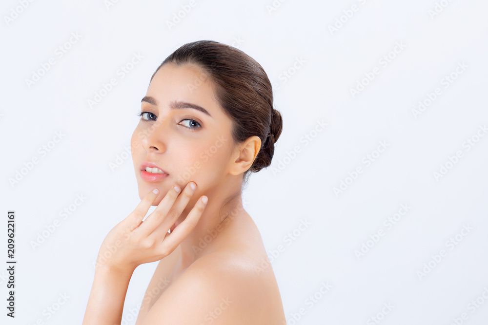 Portrait of beautiful woman makeup of cosmetic, girl hand touch cheek and smile attractive, face of beauty perfect with wellness isolated on white background with skin healthcare concept. Portrait of beautiful woman makeup of cosmetic, girl hand touch cheek and smile attractive, face of beauty perfect with wellness isolated on white background with skin healthcare concept.