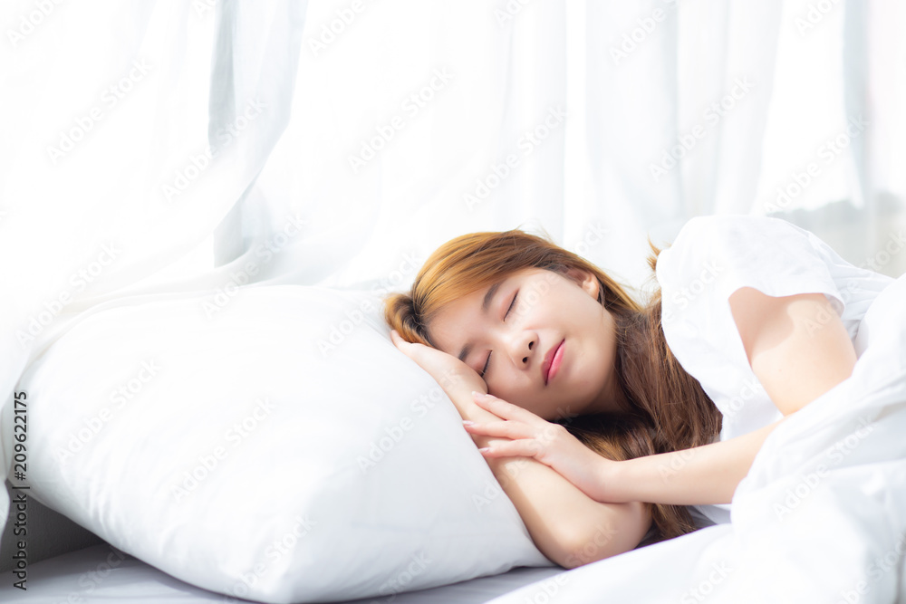 Portrait of beautiful asian young woman sleep lying in bed with head on pillow comfortable and happy with leisure, girl with relax for health and lifestyle concept. Portrait of beautiful asian young woman sleep lying in bed with head on pillow comfortable and happy with leisure, girl with relax for health and lifestyle concept.