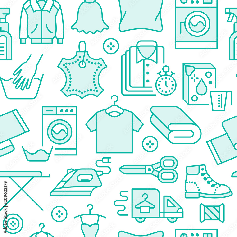 Dry cleaning, laundry blue seamless pattern with line icons. Laundromat ...