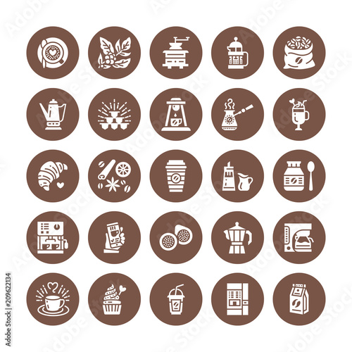 Coffee making equipment flat glyph icons. Elements - moka pot french press, grinder, espresso, vending, plant, croissant. Restaurant, shop pictogram. Solid silhouette pixel perfect 64x64.