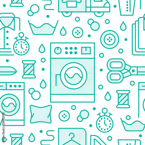 Dry cleaning, laundry blue seamless pattern with line icons. Laundromat service equipment, washing machine, clothing repair, garment delivery. Background for launderette.