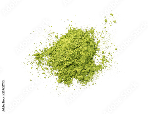 Pile of powdered matcha tea on white background, top view photo
