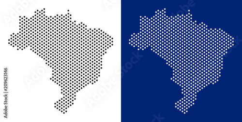 Pixel Brazil map. Vector geographic map on white and blue backgrounds. Vector concept of Brazil map composed with sphere items.