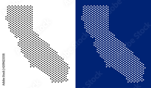 Dotted California map. Vector geographic map on white and blue backgrounds. Vector mosaic of California map made with round spots.