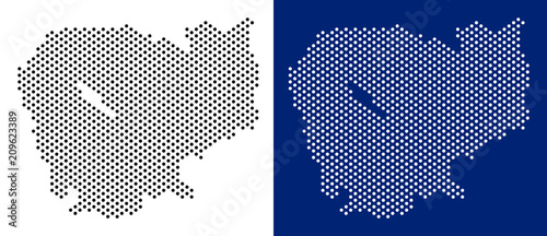 Dot Cambodia map. Vector geographic map on white and blue backgrounds. Vector composition of Cambodia map constructed of round elements.