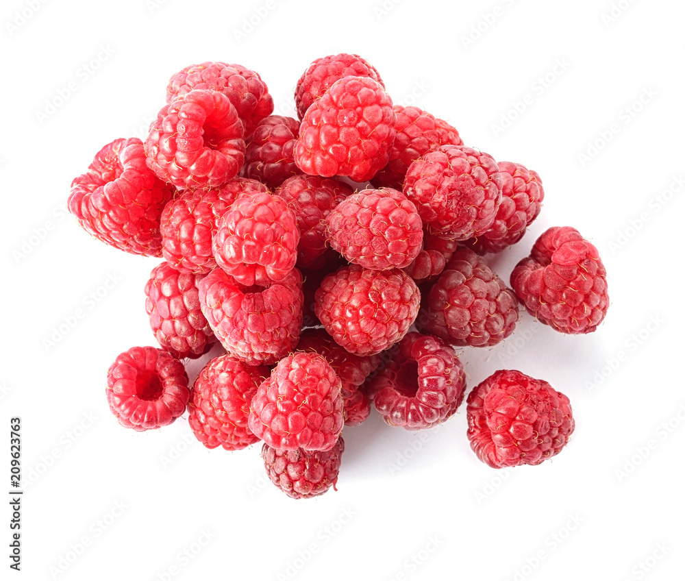 Delicious ripe raspberries on white background, top view Delicious ripe raspberries on white background, top view