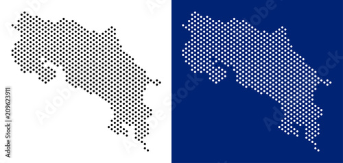 Pixel Costa Rica map. Vector geographic map on white and blue backgrounds. Vector mosaic of Costa Rica map composed of round dots.