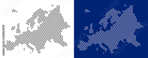 Dotted Europe map. Vector geographic map on white and blue backgrounds. Vector concept of Europe map constructed of round points.