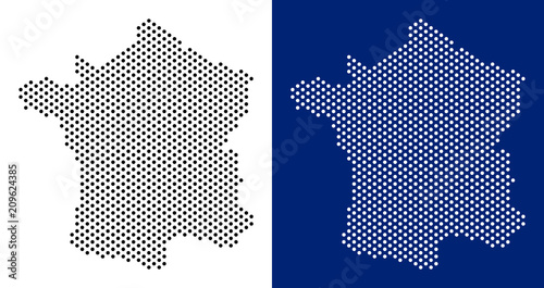 Pixel France map. Vector geographic map on white and blue backgrounds. Vector composition of France map constructed with round pixels.