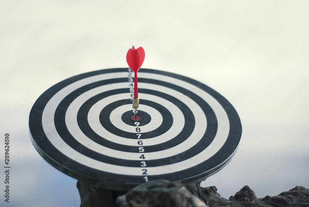 Shot red dart arrow in center of dartboard. Concept to target success and winner
