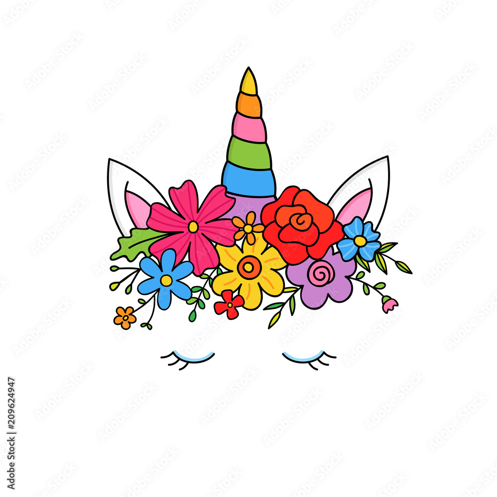 Fototapeta Słodka kolorowa jednorożec wektorowa ręka rysująca ilustracja z kwiat koroną, magicznym tęcza rogiem, ucho, zamknięci oczy z rzęsami, odizolowywającymi na bielu.