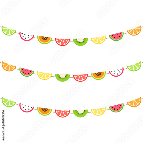 Citrus, tropical, exotic fruit vector garland. Slices of watermelon, dragon fruit, papaya, kiwi, lemon, orange, lime and grapefruit hanging on string. Summer decoration.