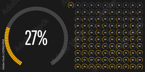 Set of circular sector percentage diagrams from 0 to 100 ready-to-use for web design, user interface (UI) or infographic - indicator with yellow