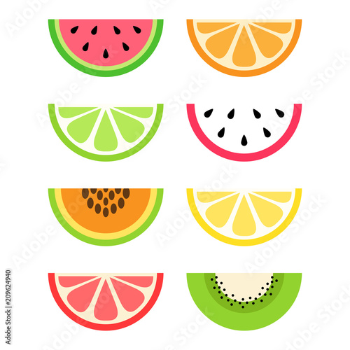 Set of citrus and exotic, tropical fruit slices; watermelon, orange, lime, dragon fruit, papaya, lemon, grapefruit and kiwi. Vector graphic summer fruit icons.