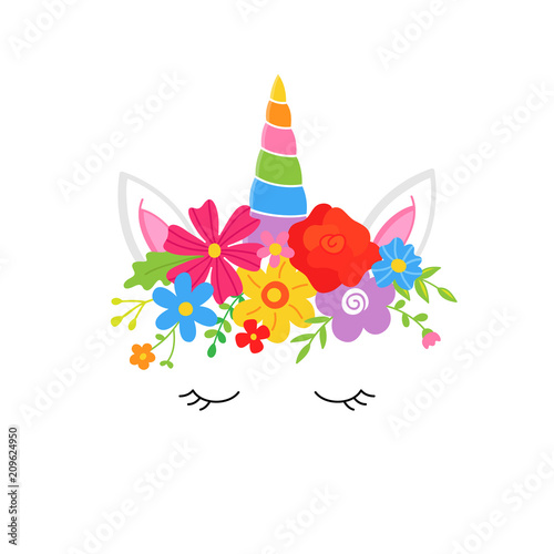 Sweet colorful unicorn vector hand drawn illustration with flower crown, magical rainbow horn, ears, closed eyes with eyelashes, isolated on white.