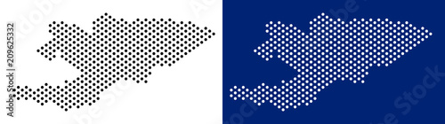 Pixel Kyrgyzstan map. Vector geographic map on white and blue backgrounds. Vector composition of Kyrgyzstan map done with spheric pixels. photo