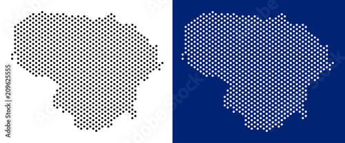 Dotted Lithuania map. Vector geographic map on white and blue backgrounds. Vector mosaic of Lithuania map composed from sphere points.