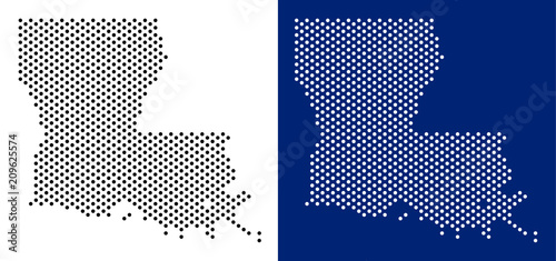 Pixel Louisiana State map. Vector geographic map on white and blue backgrounds. Vector mosaic of Louisiana State map composed with sphere dots. photo