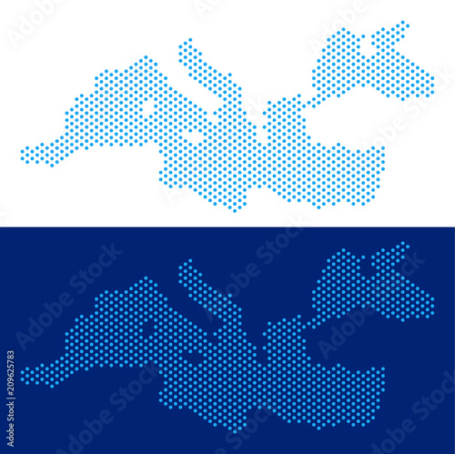 Dot Mediterranean Sea map. Vector geographic map on white and blue backgrounds. Vector concept of Mediterranean Sea map composed of circle spots.