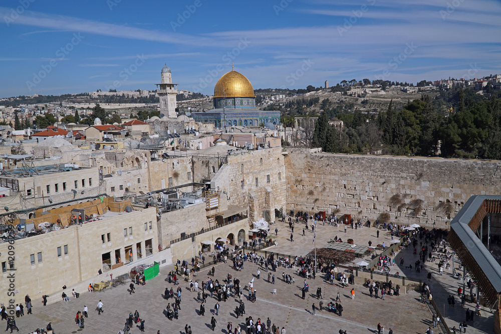 Jerusalem, Panorama of Western Wall Plaza and Temple Mount, with Mount Scopus in the background