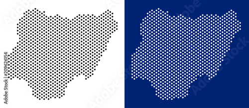 Pixel Nigeria map. Vector geographic map on white and blue backgrounds. Vector concept of Nigeria map composed of spheric points.