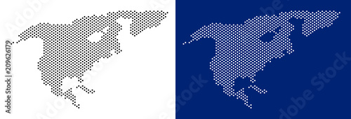 Pixel North America map. Vector geographic map on white and blue backgrounds. Vector collage of North America map composed with circle dots.