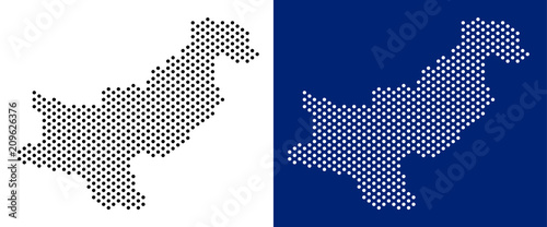 Pixel Pakistan map. Vector geographic map on white and blue backgrounds. Vector mosaic of Pakistan map made with spheric dots.