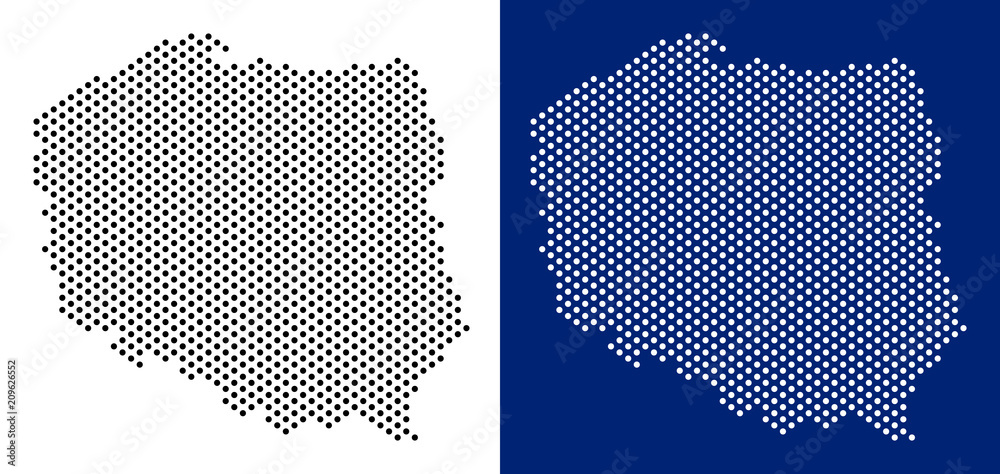 Fototapeta premium Kropkowana mapa Polski. Wektorowa mapa geograficzna na białym i niebieskim tle. Wektorowa mozaika Polska mapa robić z sfer kropkami.