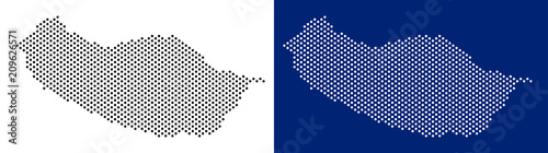 Dot Portugal Madeira Island map. Vector geographic map on white and blue backgrounds. Vector concept of Portugal Madeira Island map done from round points.