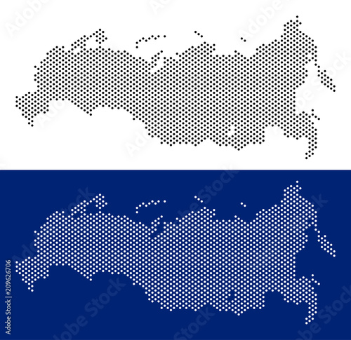 Pixel Russia map. Vector geographic map on white and blue backgrounds. Vector concept of Russia map combined from spheric items.