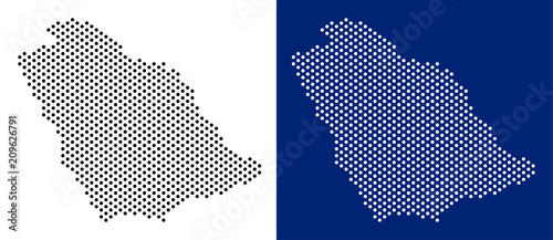 Dot Saudi Arabia map. Vector geographic map on white and blue backgrounds. Vector composition of Saudi Arabia map created of circle items.