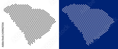 Pixel South Carolina State map. Vector geographic map on white and blue backgrounds. Vector composition of South Carolina State map designed of spheric dots.