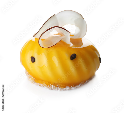 Tasty glazed cake on white background