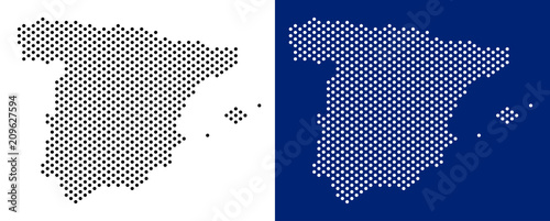 Pixel Spain map. Vector geographic map on white and blue backgrounds. Vector collage of Spain map organized with round items.