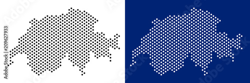 Pixel Swissland map. Vector geographic map on white and blue backgrounds. Vector collage of Swissland map designed with circle pixels.