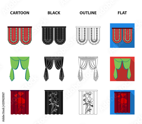 Curtains, stick, cornices, and other web icon in cartoon,black,outline,flat style.Bow, fabric, tulle icons in set collection.