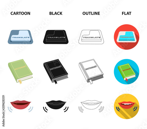 A translator in headphones, a magnifying glass showing translation, a button with an inscription, a book with a bookmark. Interpreter and translator set collection icons in cartoon,black,outline,flat
