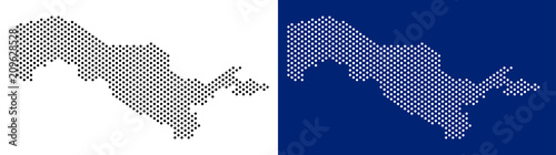 Dot Uzbekistan map. Vector geographic map on white and blue backgrounds. Vector composition of Uzbekistan map composed from round blots.