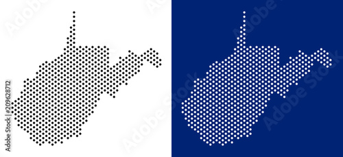 Pixel West Virginia State map. Vector geographic map on white and blue backgrounds. Vector mosaic of West Virginia State map organized of sphere blots.