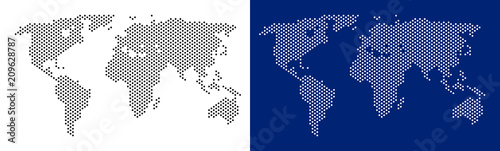 Pixel world map. Vector geographic map on white and blue backgrounds. Vector concept of world map designed with circle pixels.