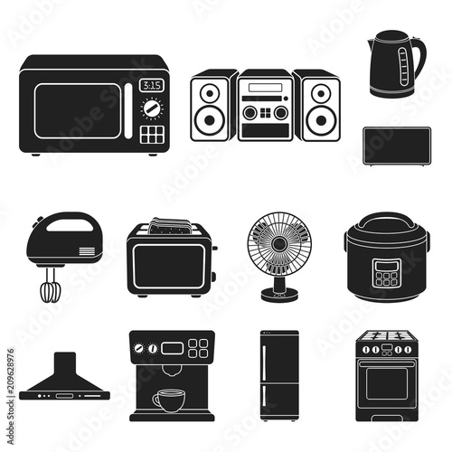 Types of household appliances black icons in set collection for design.Kitchen equipment vector symbol stock web illustration.
