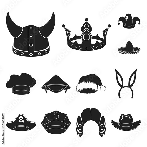 Different kinds of hats black icons in set collection for design.Headdress vector symbol stock web illustration.