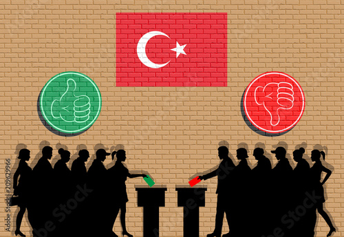 Turkish voters crowd silhouette in election with thumb icons and Turkey flag graffiti