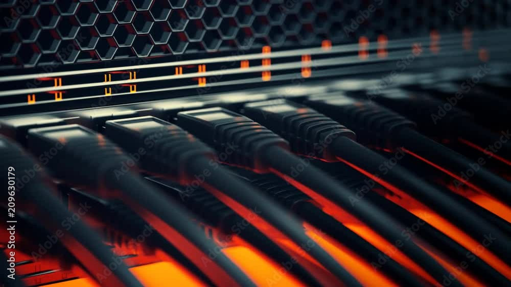 Ethernet cables connected to the network switch. Orange Led lights flashing. 4k