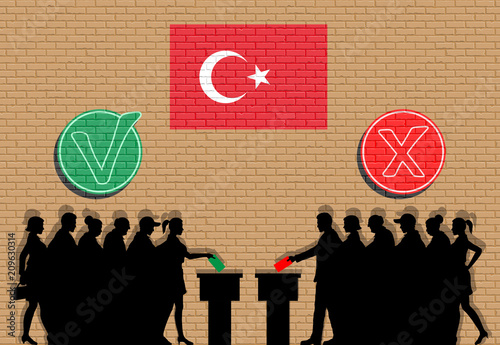 Turkish voters crowd silhouette in election with check marks and Turkey flag graffiti