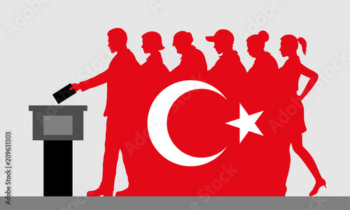 Turkish voters crowd silhouette like Turkey flag by voting for election