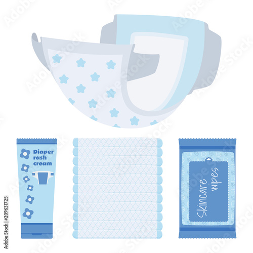 Stack of diapers and skincare products.